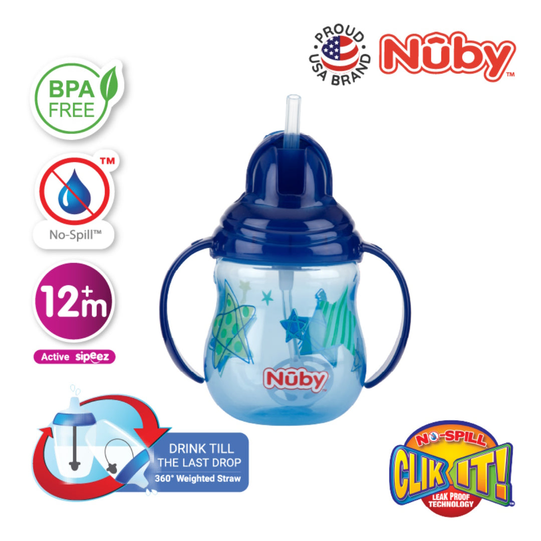 Nuby Designer Pinpoint 2 Handle Click-It Trainer Cup Weighted Straw & Flip-It Thin Straw 240ML/8OZ