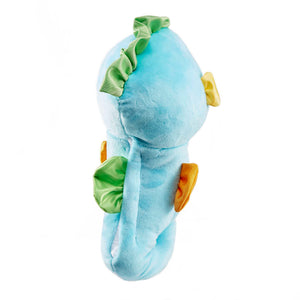 Side view of the blue Soothe and Glow Seahorse plush