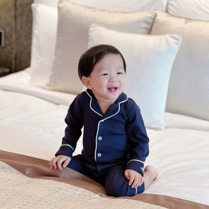 Urban Navy Pima romper sleepsuit worn at home