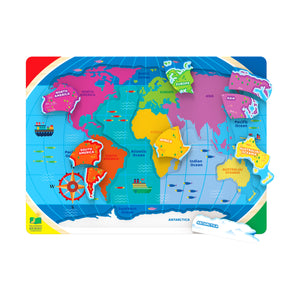 Continents & Oceans puzzle with the continent pieces lifted showing the names printed underneath