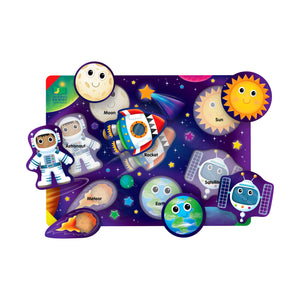 My First Lift & Learn Space puzzle with pieces lifted showing the named pictures underneath