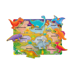 My First Lift & Learn Dinosaur puzzle with pieces lifted showing the named dinosaurs underneath