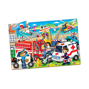 Emergency Rescue jumbo floor puzzle assembled, fire engine, ambulance, police and rescue helicopter