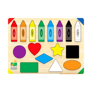 Colors & Shapes 16-piece tray puzzle, eight crayons and eight geometric shapes