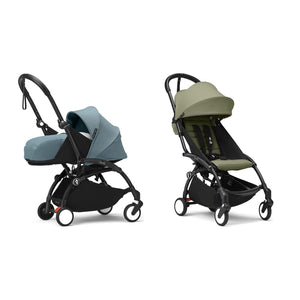 Stokke YOYO³ Complete Set, Black frame: Aqua 0+ Newborn Pack and Olive 6+ Colour Pack