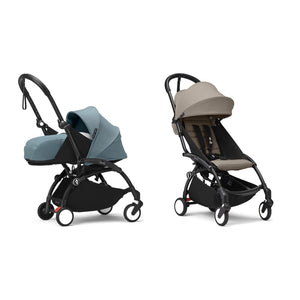 Stokke YOYO³ Complete Set, Black frame: Aqua 0+ Newborn Pack and Taupe 6+ Colour Pack