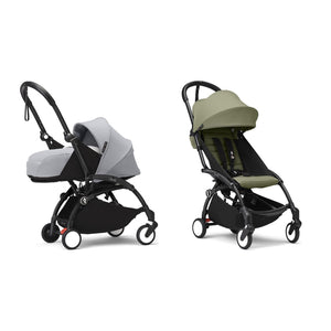 Stokke YOYO³ Complete Set, Black frame: Stone 0+ Newborn Pack and Olive 6+ Colour Pack