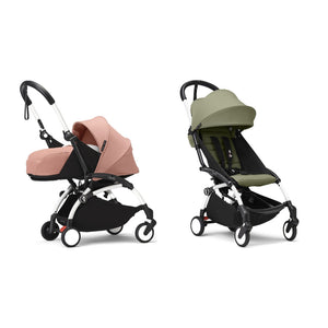 Stokke YOYO³ Complete Set, White frame: Ginger 0+ Newborn Pack and Olive 6+ Colour Pack