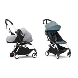 Stokke YOYO³ Complete Set, White frame: Stone 0+ Newborn Pack and Aqua 6+ Colour Pack