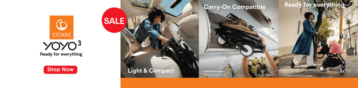 Stokke YOYO³ stroller on sale. Light and compact, cabin-bag friendly when folded (52 × 44 × 18 cm). Shop the YOYO³ range at Happikiddo.