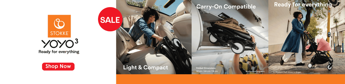 Stokke YOYO³ stroller on sale. Light and compact, cabin-bag friendly when folded (52 × 44 × 18 cm). Shop the YOYO³ range at Happikiddo.