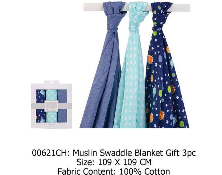 Hudson Baby 3 Swaddle Blankets- Planet Stars