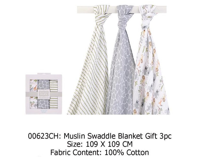 Hudson Baby 3 Swaddle Blankets- Wild Safari