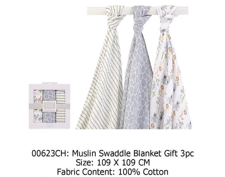 Hudson Baby 3 Swaddle Blankets- Wild Safari