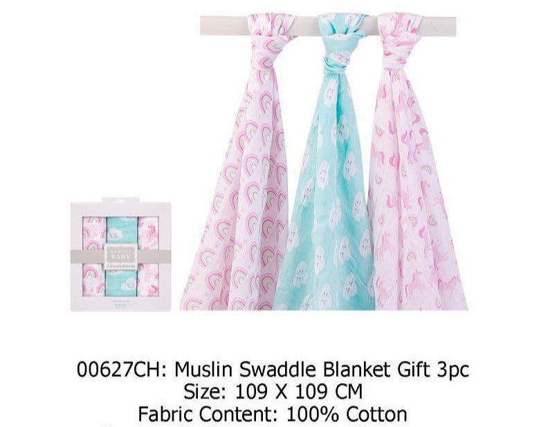 Hudson Baby 3 Swaddle Blankets- Rainbow Unicorns