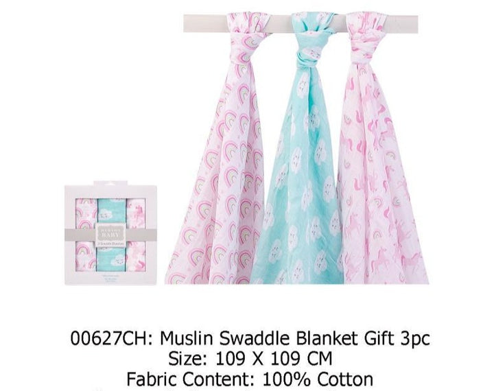 Hudson Baby 3 Swaddle Blankets- Rainbow Unicorns