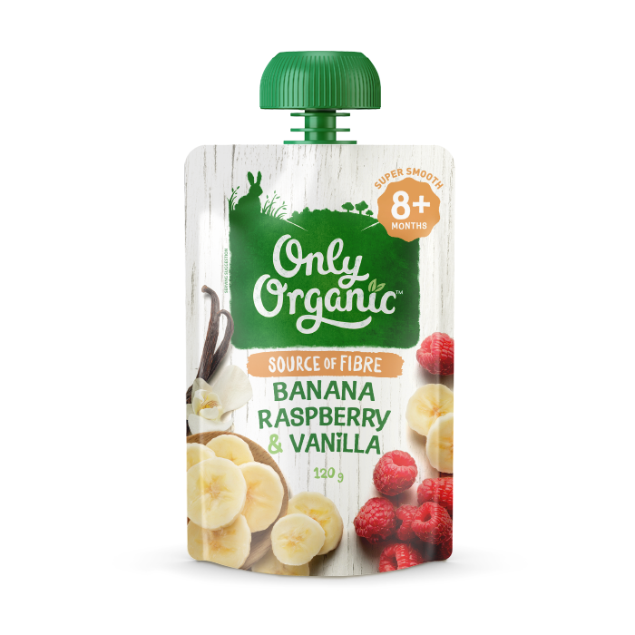 Only Organic Banana, Raspberry & Vanilla Puree 120g (6m+) - Happikiddo.com