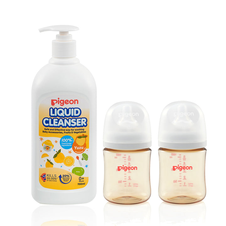 Pigeon SofTouch Wide Neck PPSU Nursing Bottle with Pigeon Liquid Cleanser Yuzu Bundle