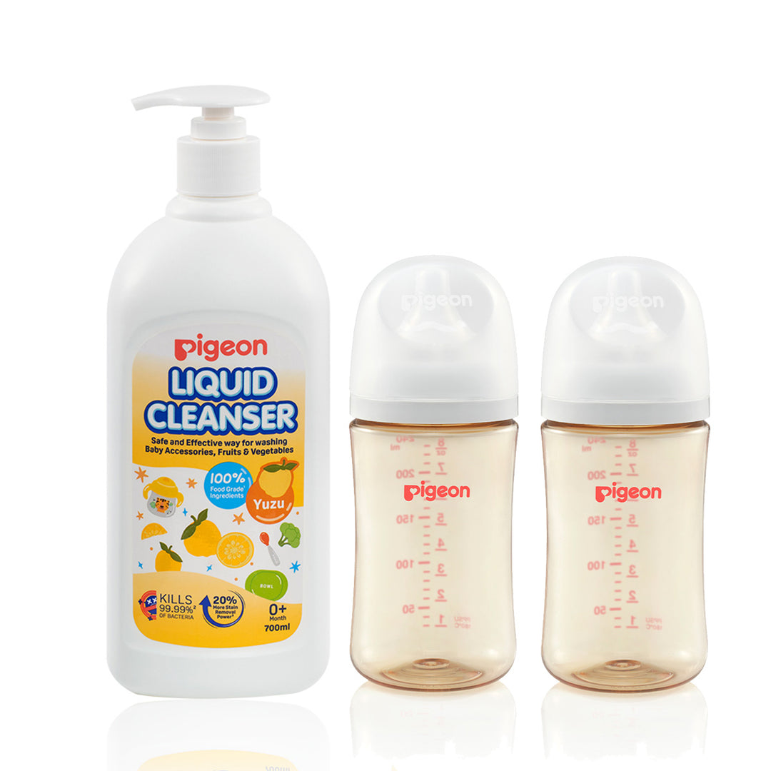 Pigeon SofTouch Wide Neck PPSU Nursing Bottle with Pigeon Liquid Cleanser Yuzu Bundle