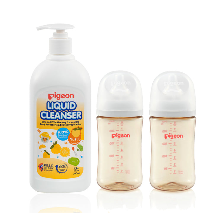 Pigeon SofTouch Wide Neck PPSU Nursing Bottle with Pigeon Liquid Cleanser Yuzu Bundle