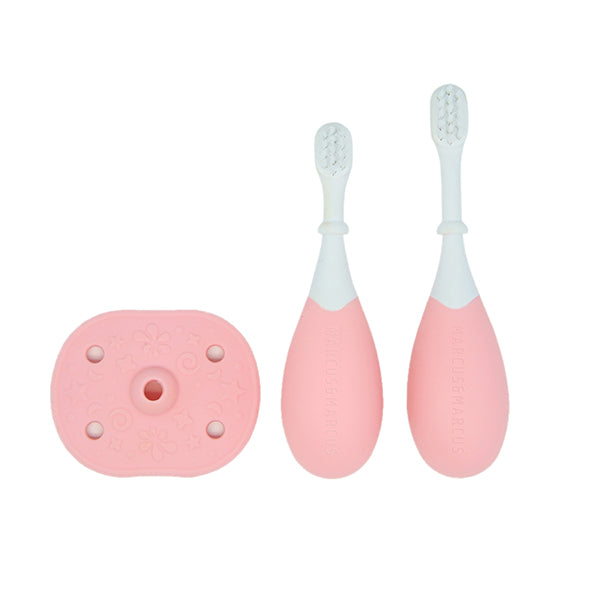 Marcus & Marcus 3 Stage Palm Grasp Toothbrush Set- Baby Pink