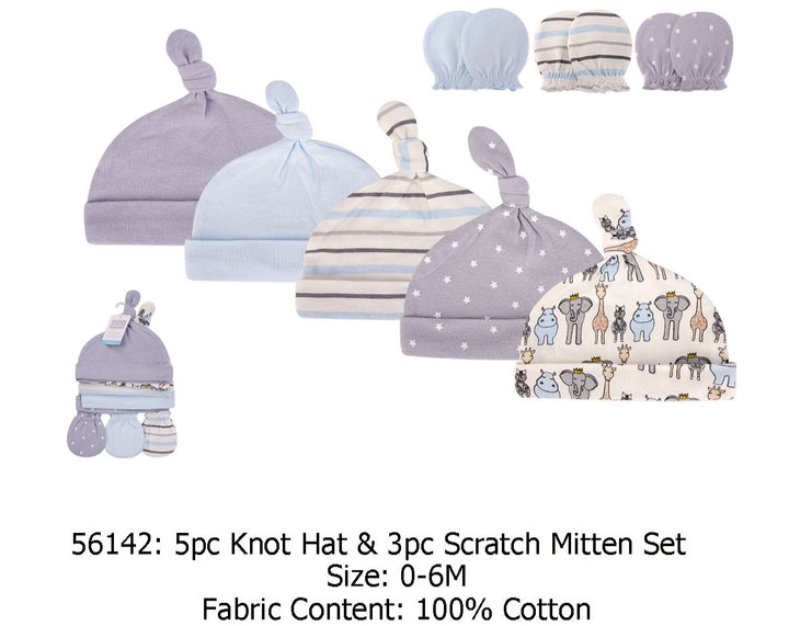 Hudson Baby Cotton Cap and Scratch Mitten Set- Grey Animals