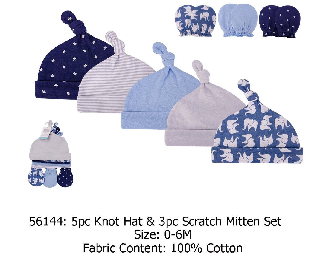Hudson Baby Cotton Cap and Scratch Mitten Set- Blue Elephant
