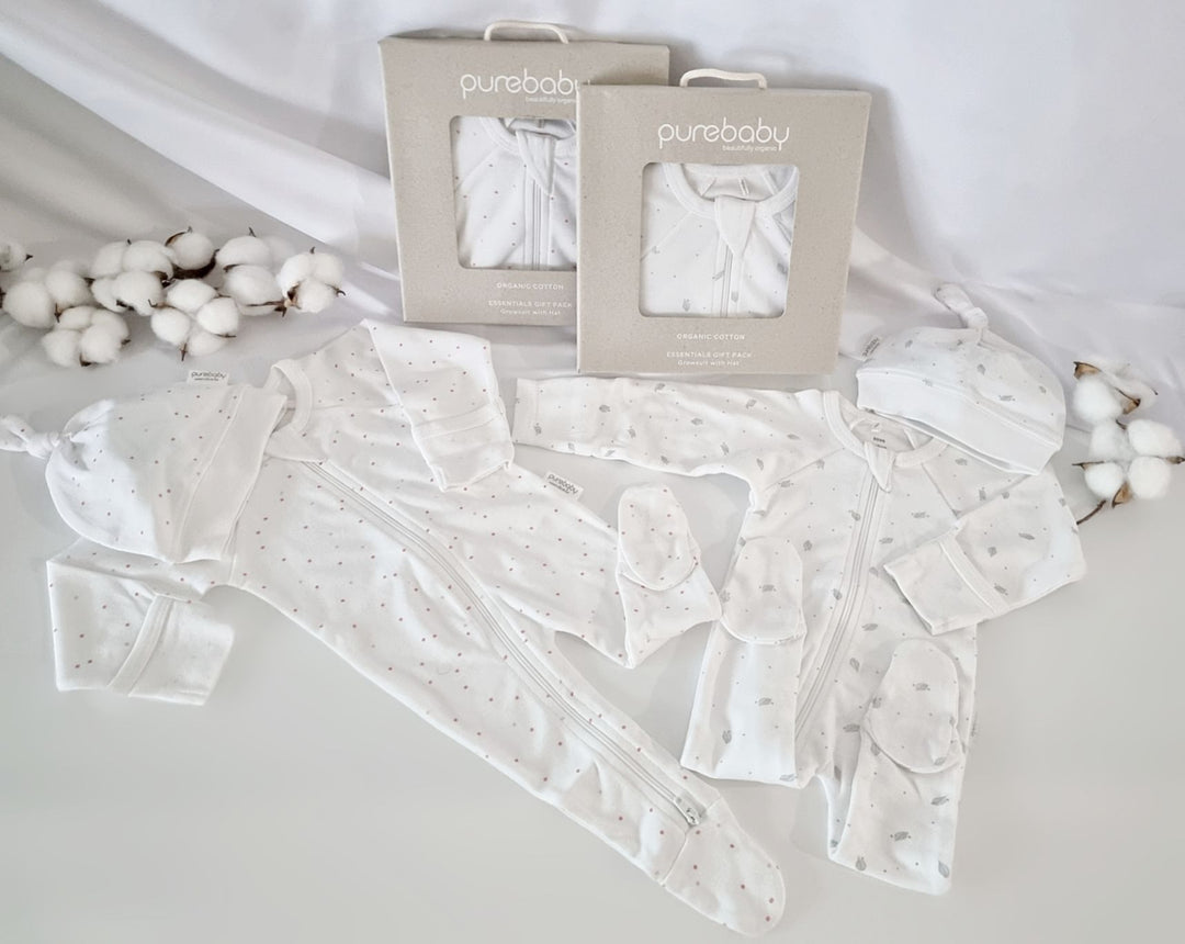 Purebaby Australia Zip Growsuit & Hat Pack- Pale Grey Leaf