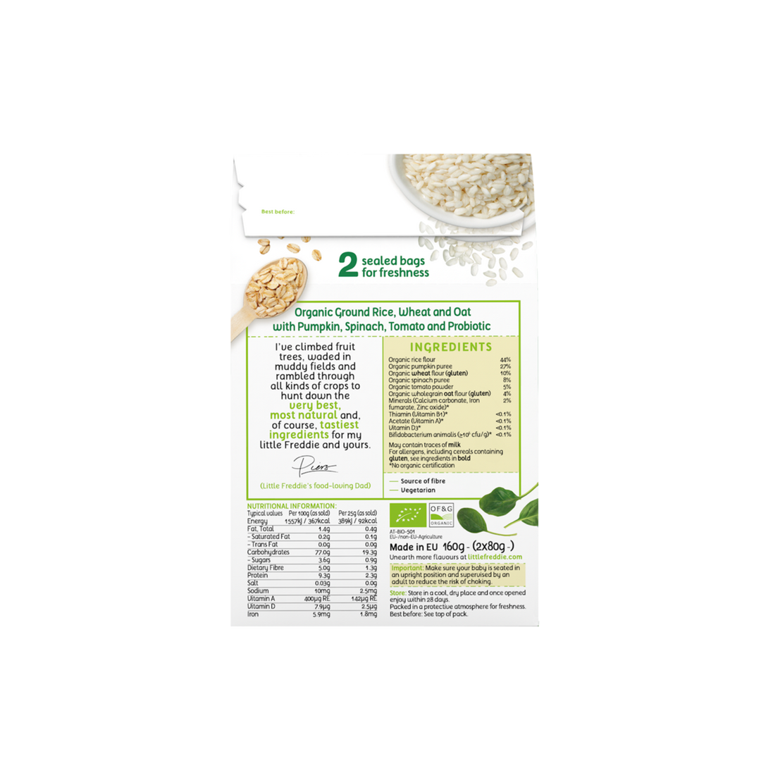 Little Freddie Multigrain Porridge with Pumpkin, Spinach and Tomato (Tent Box) 2 X 80g (6m+))