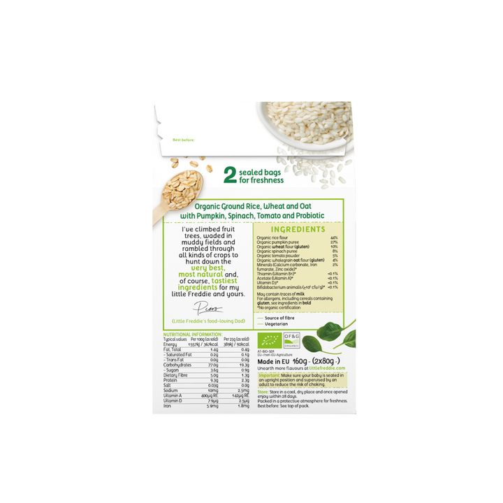 Little Freddie Multigrain Porridge with Pumpkin, Spinach and Tomato (Tent Box) 2 X 80g (6m+))