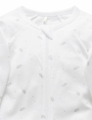 Purebaby Organic Zip Growsuit - Pale Grey Leaf w/ Spot Print (0-3m)