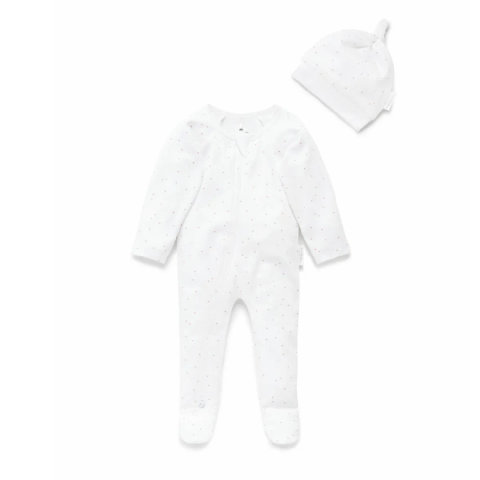 Purebaby Australia Zip Growsuit & Hat Pack- Pale Pink Polka Dot