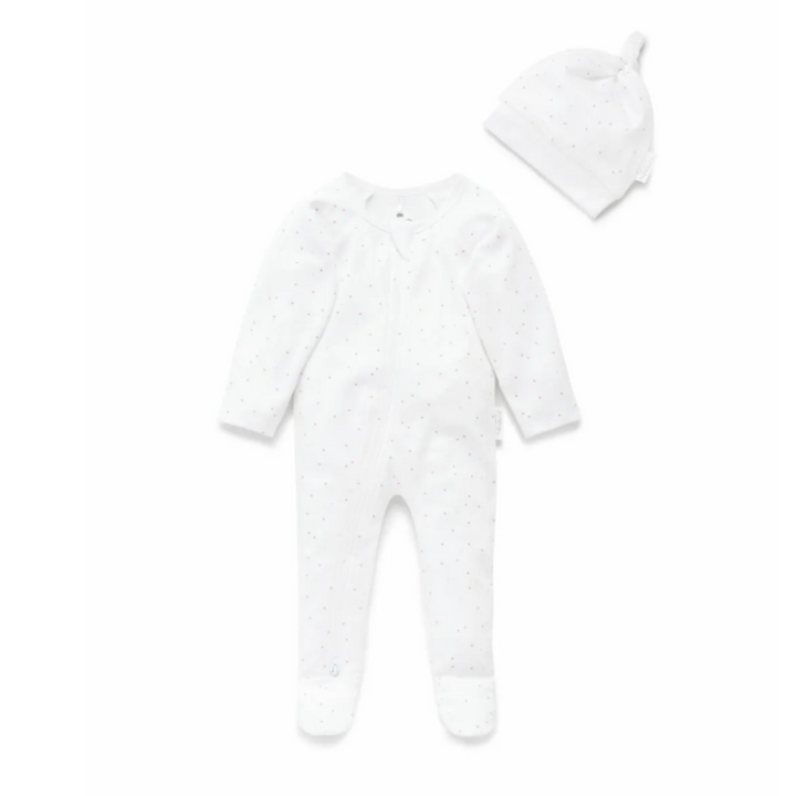 Purebaby Australia Zip Growsuit & Hat Pack- Pale Pink Polka Dot