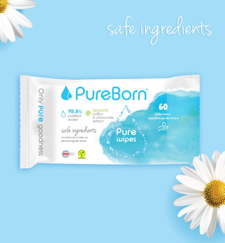 PureBorn Organic Baby Wipes 60's (Chamomile)