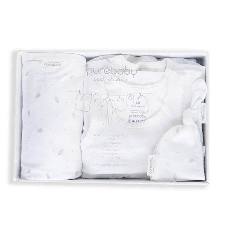 Purebaby Australia Newborn Hospital Pack- Pale Grey Leaf