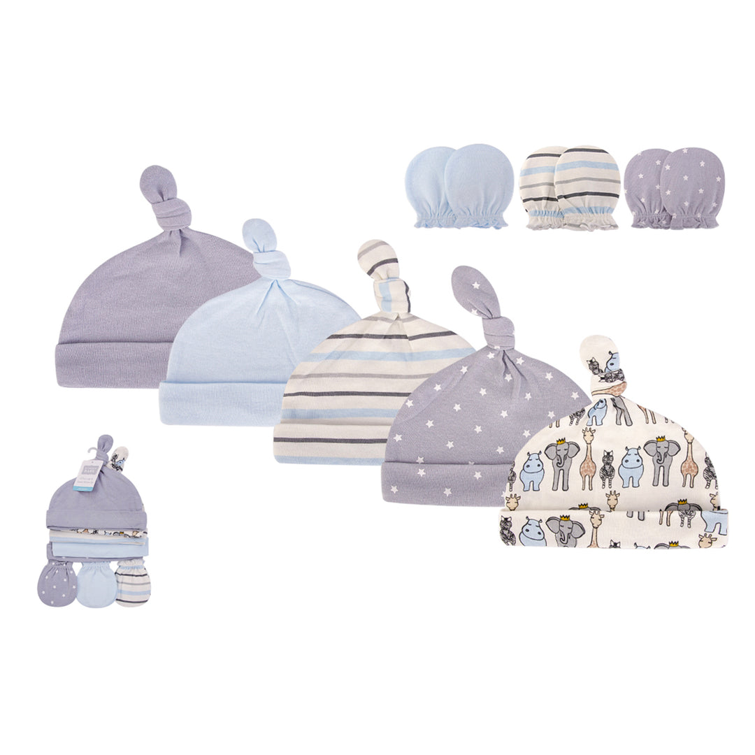 Hudson Baby Cotton Cap and Scratch Mitten Set- Grey Animals