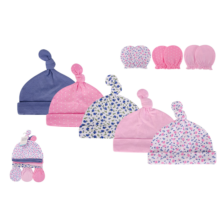 Hudson Baby Cotton Cap and Scratch Mitten Set- Pink Flower