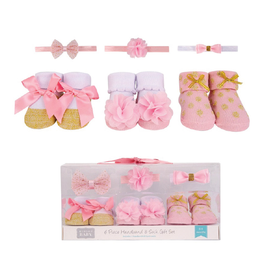 Hudson Baby 6 Piece Headband & Sock Gift Set- Pink Rose