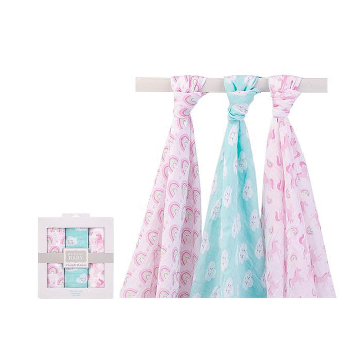 Hudson Baby 3 Swaddle Blankets- Rainbow Unicorns