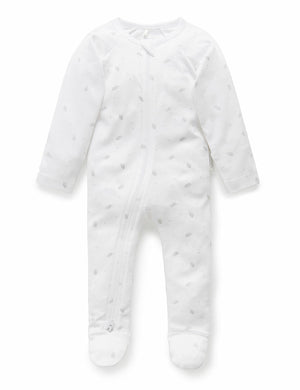 Purebaby Organic Zip Growsuit - Pale Grey Leaf w/ Spot Print (0-3m)