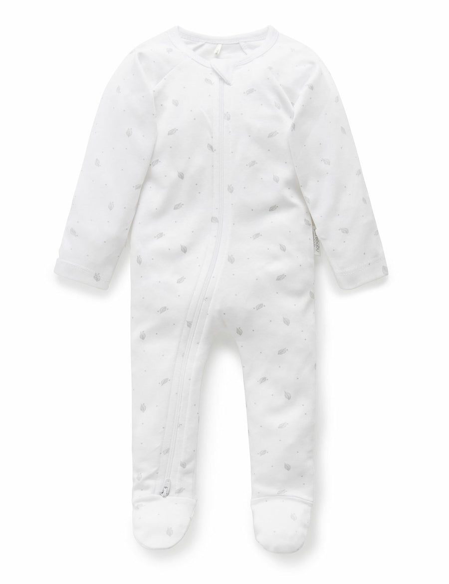 Purebaby Organic Zip Growsuit - Pale Grey Leaf w/ Spot Print (0-3m)