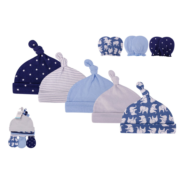 Hudson Baby Cotton Cap and Scratch Mitten Set- Blue Elephant
