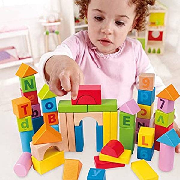 Hape 80-Pieces count & spell Wooden Barreled Blocks