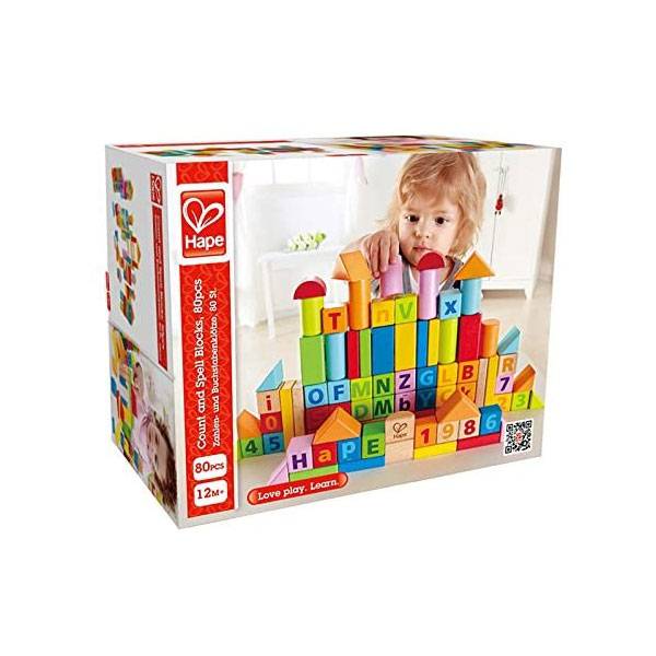 Hape 80-Pieces count & spell Wooden Barreled Blocks