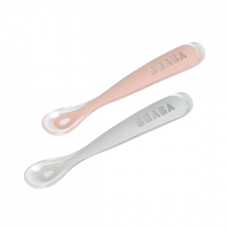Beaba Set of 2 1st Age Silicone Spoons 4m+ -Grey/ Pink