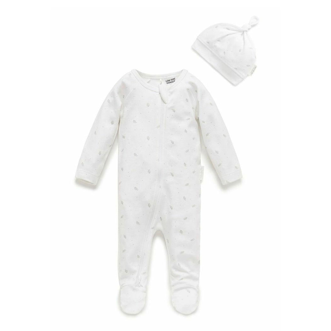 Purebaby Australia Zip Growsuit & Hat Pack- Pale Grey Leaf