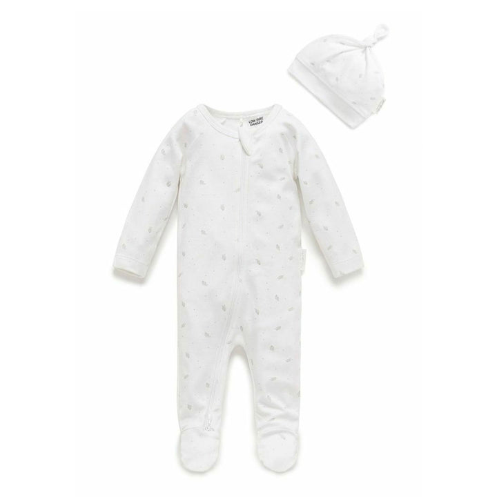 Purebaby Australia Zip Growsuit & Hat Pack- Pale Grey Leaf