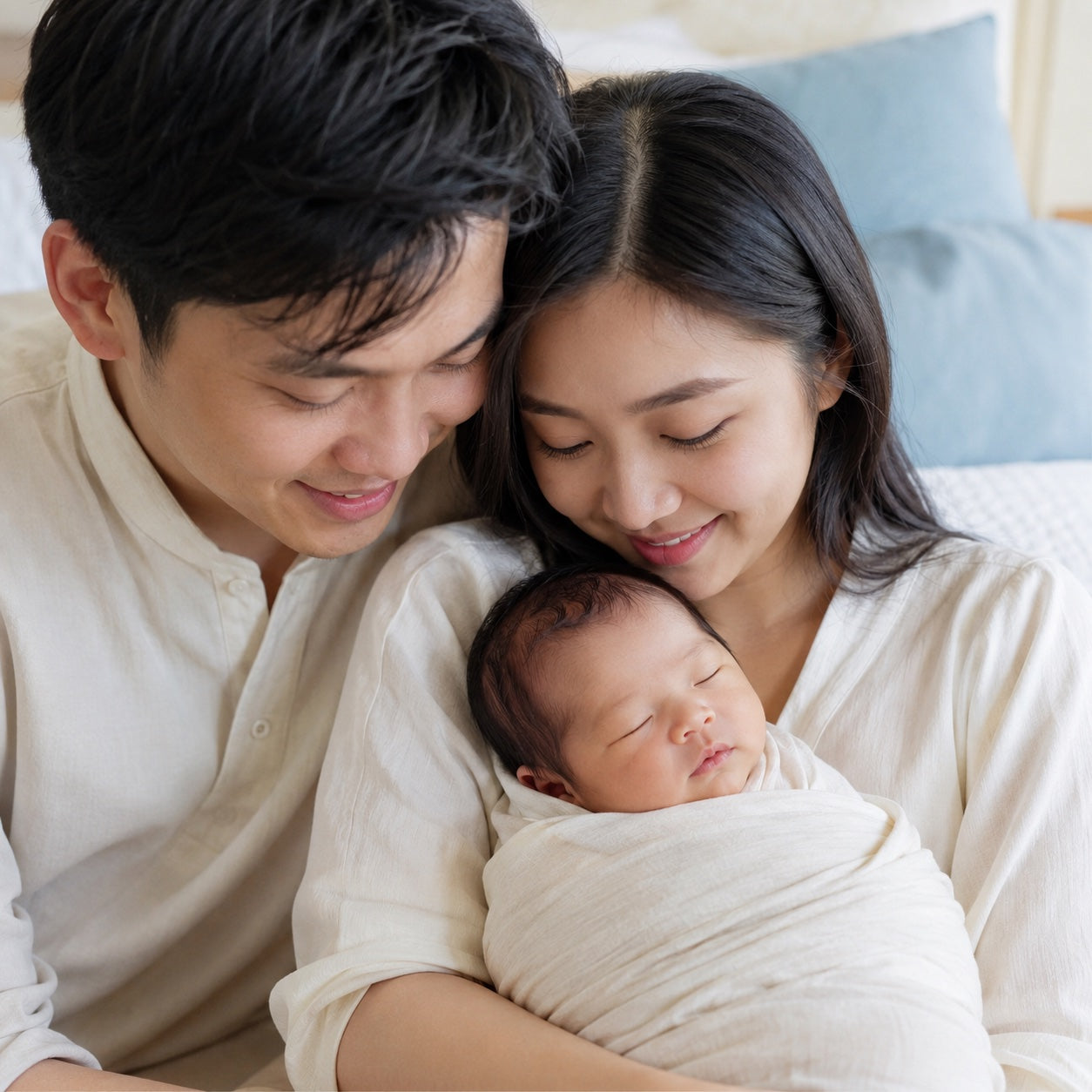 A sleeping newborn swaddled in soft cotton