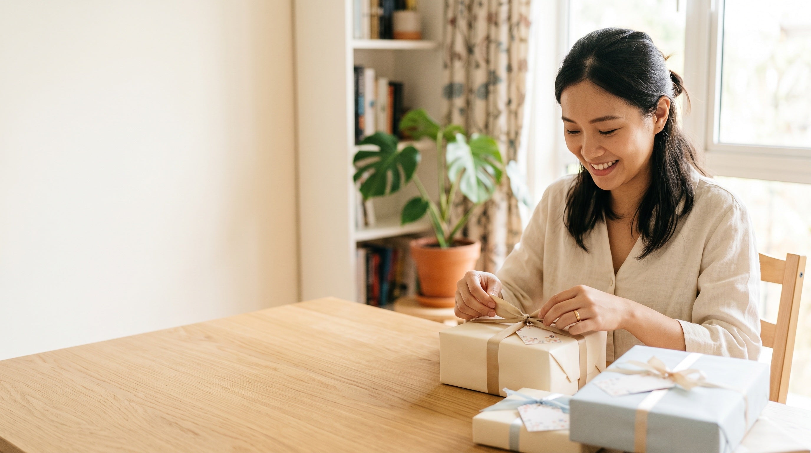 Wrapping a baby gift at a sunlit table